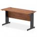 The photo shows a sleek and modern Dynamic Cable Managed Desk in Walnut with a Black Cable Managed Leg. With its 1400 x 600mm size, this straight office desk offers ample space for work or study, while its cable management system keeps cords organized and out of sight.