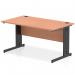 The picture shows a sleek and modern 1400 x 800mm straight office desk with a beech top and black cable managed legs. The dynamic design allows for easy organization of cables for a clean and clutter-free workspace.
