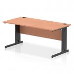 This photo showcases a sleek and modern office desk with a beech wood top and black cable managed legs. The desk measures 1600 x 800mm and features dynamic cable management to keep cords organized and tidy.