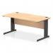 A contemporary photograph of dynamic cable managed desks would reveal a sleek and modern design, with an Impulse 1600 x 800mm straight office desk featuring a maple top and black cable managed leg. The clean lines and cable management system create a minimalist and efficient workspace.