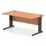 The picture shows a modern and sleek Dynamic Cable Managed Desk with Impulse design. It has a straight 1600 x 800mm oak top, contrasting with its black cable managed legs. The desk is organized and clutter-free, making it a great addition to any office space.