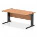 The picture shows a modern and sleek Dynamic Cable Managed Desk with Impulse design. It has a straight 1600 x 800mm oak top, contrasting with its black cable managed legs. The desk is organized and clutter-free, making it a great addition to any office space.