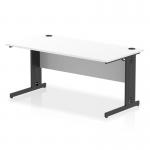 This photo shows a sleek and modern 1600 x 800mm straight office desk with a white top and black cable managed leg. The dynamic design allows for easy organization and management of cables, creating a clean and clutter-free workspace. The clean lines and neutral color scheme make it a versatile addition to any office setting.