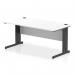 This photo shows a sleek and modern 1600 x 800mm straight office desk with a white top and black cable managed leg. The dynamic design allows for easy organization and management of cables, creating a clean and clutter-free workspace. The clean lines and neutral color scheme make it a versatile addition to any office setting.