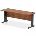 The photo shows a sleek and modern Dynamic Cable Managed Desk in Impulse 1800 x 600mm. The desk features a stylish walnut top and black cable managed legs, ensuring a clutter-free workspace. The straight design adds a sense of organization and professionalism to any office setting.