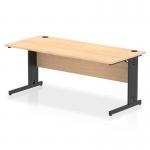 The image shows a modern and sleek office desk with a straight shape, measuring 1800 x 800mm. The top is made of maple wood and the legs are black with built-in cable management. It is a professional and efficient workspace solution for any office setting.