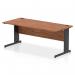 This photograph features a sleek and modern Dynamic Cable Managed Desk with a walnut top and black cable managed legs. The desk measures 1800 x 800mm and has a straight design. The cable management system helps keep wires organized and out of sight. Its a professional and functional addition to any office space.