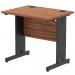 The image shows a sleek and modern walnut top office desk, with a black cable managed leg. The desk is 800 x 600mm and has a dynamic design to keep cables organized and out of sight.