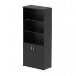 The image shows a modern and sleek tall cupboard with dynamic and open shelves. It stands at 2000mm and has a black finish. The shelves are organized and the cupboard exudes a contemporary vibe.