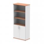 The photo shows two tall cupboards, 2000mm high, in a combination of beech and white. The cupboard has open shelves and white doors, giving it a dynamic and modern look. Its crisp lines and sleek design make it a stylish addition to any space.