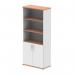 The photo shows two tall cupboards, 2000mm high, in a combination of beech and white. The cupboard has open shelves and white doors, giving it a dynamic and modern look. Its crisp lines and sleek design make it a stylish addition to any space.