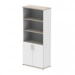 The photograph captures two tall cupboards, each measuring 2000mm, with open shelves in a sleek combination of grey oak and white. White doors complete the modern design of this dynamic storage solution.