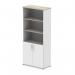 The photograph captures two tall cupboards, each measuring 2000mm, with open shelves in a sleek combination of grey oak and white. White doors complete the modern design of this dynamic storage solution.