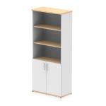 In the picture, there are two tall cupboards with open shelves, one in maple and the other in white, both with white doors. The cupboards have a dynamic design and measure 2000mm in height. They provide ample storage space and a modern touch to any room.