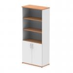 This image depicts two tall, sleek cupboards measuring 2000mm in height. The cupboards feature open shelves and a combination of oak and white colors. The doors are also white in color, giving the cupboards a modern and dynamic look.