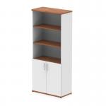The photo depicts two tall cupboards from the Impulse 2000mm line, featuring a sleek walnut and white color scheme. The open shelves and white doors give it a modern and dynamic appearance.