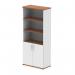 The photo depicts two tall cupboards from the Impulse 2000mm line, featuring a sleek walnut and white color scheme. The open shelves and white doors give it a modern and dynamic appearance.