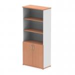 The photograph captures a set of dynamic tall cupboards, measuring 2000mm, with open shelves and beech and white finishes. The doors are made of beech wood, adding a natural touch to the modern design. The combination of colors and sleek lines gives off a minimalist and contemporary vibe.