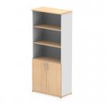 This image shows a set of dynamic tall cupboards from the Impulse line, measuring 2000mm in height. The cupboards feature open shelves, and are constructed with an attractive combination of maple and white. The doors are made of maple, adding a touch of warmth to the overall design.