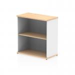 This image shows a dynamic low bookcase with a sleek maple and white finish. The Impulse 800mm Bookcase features clean lines and a modern design, perfect for any office or living space. The shelves are spacious and adjustable for convenient storage.