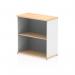 This image shows a dynamic low bookcase with a sleek maple and white finish. The Impulse 800mm Bookcase features clean lines and a modern design, perfect for any office or living space. The shelves are spacious and adjustable for convenient storage.