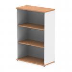 The photo features a dynamic large bookcase, measuring 1200mm, in a striking oak and white color. It is an Impulse bookcase with a sleek design and ample storage space. The combination of wood and white adds a modern touch to any room.