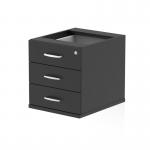 The image shows a sleek and modern dynamic pedestal desk, featuring a fixed pedestal with 3 drawers for storage. The desk is in a bold black color, with a polished finish adding to its contemporary look.