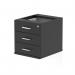 The image shows a sleek and modern dynamic pedestal desk, featuring a fixed pedestal with 3 drawers for storage. The desk is in a bold black color, with a polished finish adding to its contemporary look.
