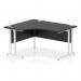 The image shows a sleek 1400mm left crescent office desk with a black top and white cantilever leg. Its dynamic design and modern color scheme make it a sleek addition to any workspace.