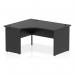 In the picture, we see a sleek and modern Dynamic Left Hand Desks Impulse 1400mm Left Crescent Office Desk. It has a striking black top panel and a sturdy, metal end leg for support. The desk exudes a sense of efficiency and professionalism.