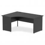 The image shows a sleek and modern office desk with a black top panel and a curved left-end leg. The desk exudes a dynamic and professional feel, perfect for any modern workspace.