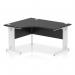 The picture shows a sleek and modern 1400mm Left Crescent Office Desk with a black top and white cable managed leg. The dynamic left hand design is perfect for a professional and organized workspace.