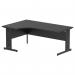 The photo captures a sleek and modern dynamic left hand desk with a curved 1800mm top in black, complemented by a black cable managed leg for a streamlined look. The desk is designed for use in a professional office setting.