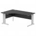 In the photograph, the impressive Dynamic Left Hand Desks Impulse 1800mm Left Crescent Office Desk can be seen with its sleek black desktop and silver cable managed leg. The curved design adds a modern touch to any office space.