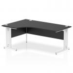This picture features a sleek and modern Dynamic Left Hand Desks Impulse 1800mm Left Crescent Office Desk. The black top is complemented by white cable managed legs, creating a clean and functional work space.