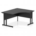 The image shows a sleek, modern black crescent office desk with a dynamic right hand design. The 1400mm desk has a black top and is supported by black cantilever legs, giving it a contemporary and professional look.