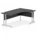 The image shows a spacious 1800mm right crescent desk, with a sleek black top and stylish silver cantilever legs. The desk appears modern and dynamic, perfect for any office setting.