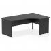The picture shows a modern and sleek Dynamic Right Hand Desks Impulse 1800mm Right Crescent Office Desk with a black top panel and end leg. The desk has a dynamic and curved shape, creating a stylish and functional work space.