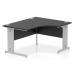 The photo features a modern office desk with a 1400mm right crescent shape. The black top contrasts with the silver cable managed leg, giving off a sleek and dynamic vibe. This desk is designed to help with productivity and organization in the workplace.