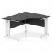 This photo features a sleek and modern dynamic right hand desk. The desk has a black top and white cable managed legs, perfect for keeping your workspace organized. The 1400mm right crescent shape provides ample space for all your office needs.