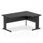 This image features a sleek and modern Dynamic Right Hand desks Impulse 1600mm right crescent office desk with a black top and black cable managed leg. The sharp lines and clean design give off a professional and sophisticated vibe to any office space.