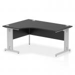 The image shows a sleek and modern dynamic right hand desk, with a black top and silver cable managed leg. The desk is in a crescent shape, measuring 1600mm, perfect for any office space.