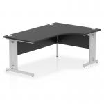 This picture features a sleek and modern Dynamic Right Hand Desks Impulse 1800mm Right Crescent Office Desk with a black top and silver cable managed leg. The curved design provides ample workspace and a stylish touch to any office. Cable management keeps cords organized and out of sight.
