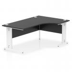 The image shows a sleek and modern 1800mm right crescent office desk with a black top and white cable-managed leg. Its dynamic design is perfect for any modern workspace.