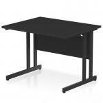 The photograph captures a sleek and modern office desk, featuring a black rectangular top and black cantilever legs. The dynamic design of the desk adds a touch of sophistication to any workspace. Perfect for the busy and productive individual.