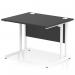 This image shows a sleek black rectangular desk with a white cantilever leg. The desk is 1000 x 800mm in size and has a dynamic and modern design. It is perfect for any office space.