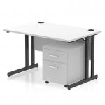 This image shows a white desk with sleek lines and a black cantilever leg. It has a 1200 x 800mm straight surface, perfect for working on projects. A 2 drawer mobile pedestal is attached, adding convenience and storage space. This dynamic pedestal desk is part of the Impulse collection.