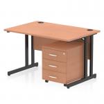 The photograph shows a sleek and modern Dynamic Pedestal Desk Impulse with a 1200 x 800mm straight office desk in a striking beech top and black cantilever leg design. Accompanying the desk is a 3 drawer mobile pedestal for extra storage. Overall, the workstation exudes professionalism and functionality.