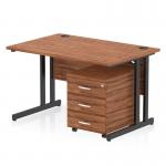 This picture showcases a modern and stylish Dynamic Pedestal Desk Impulse. It features a 1200 x 800mm straight office desk with a rich walnut top, complemented by sleek black cantilever legs. A 3 drawer mobile pedestal adds practical storage space to this sleek and functional workstation.