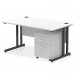 This image features a sleek and modern Dynamic Pedestal Desk Impulse. The desk is 1400 x 800mm, with a white top and black cantilever leg. It is accompanied by a 2 drawer mobile pedestal for extra storage. This workstation exudes professionalism and functionality.